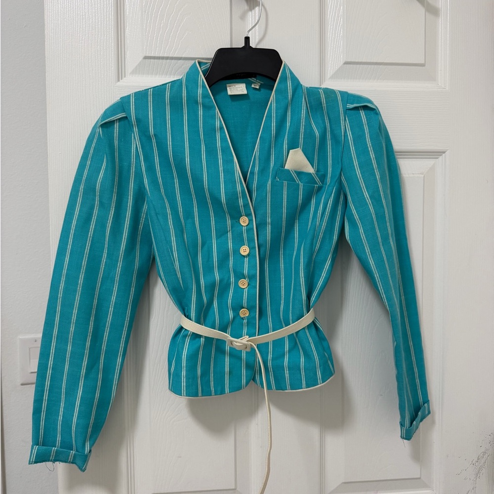 Turquoise Striped Women's Blazer Jacket with Belt